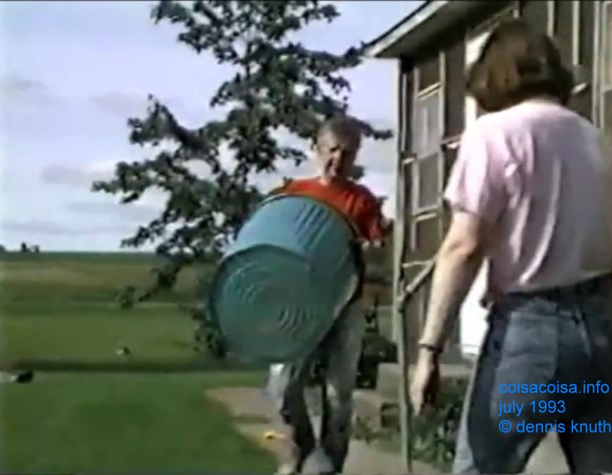 Emogene Knuth working on the lawn with Sherri