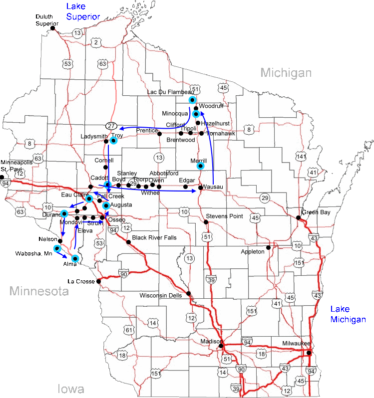Wisconsin Map of Norma's Visit 2005
