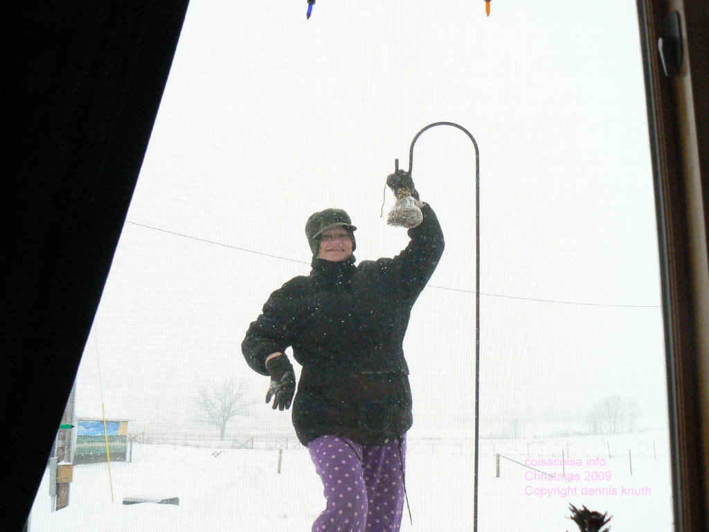 Sherri hanging a bird bell
