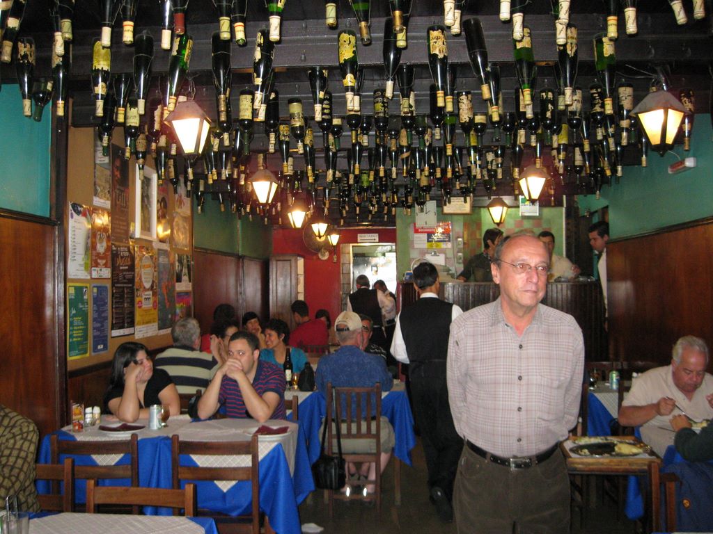 Wine bottles on the ceiling