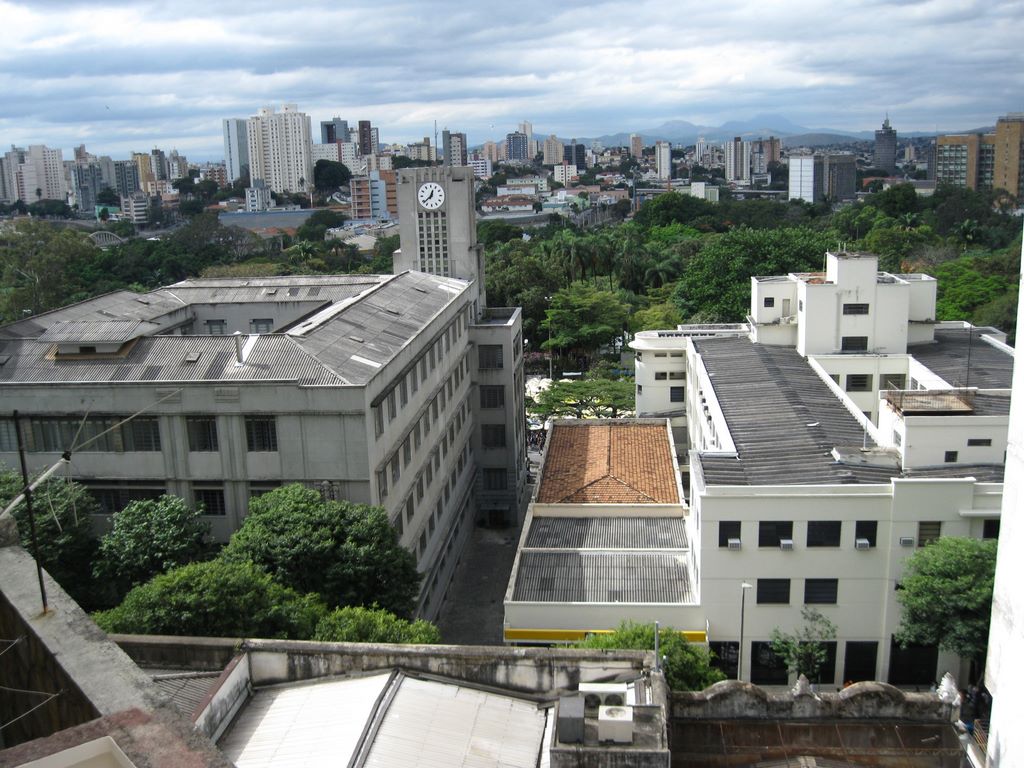 City scape of Belo Horizonte BrazilA church near Janine's Apartment with an advertising sign for Brazilian beer