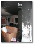 Living room fire damage