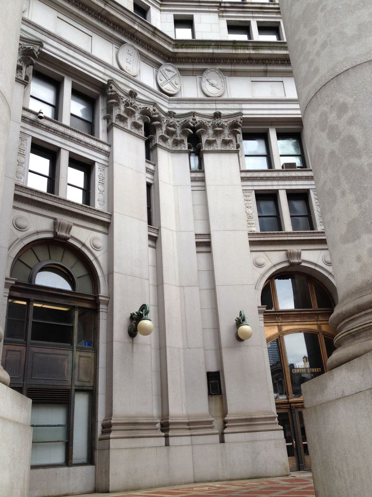 Marble floored side entrance of a downtown building