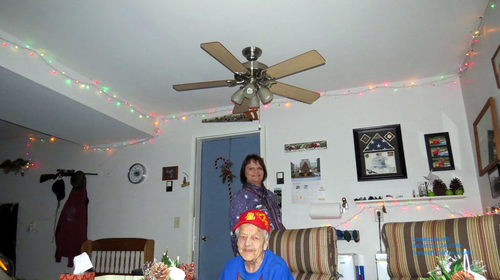 Emogene and Sherri in the Garage at Christmas
