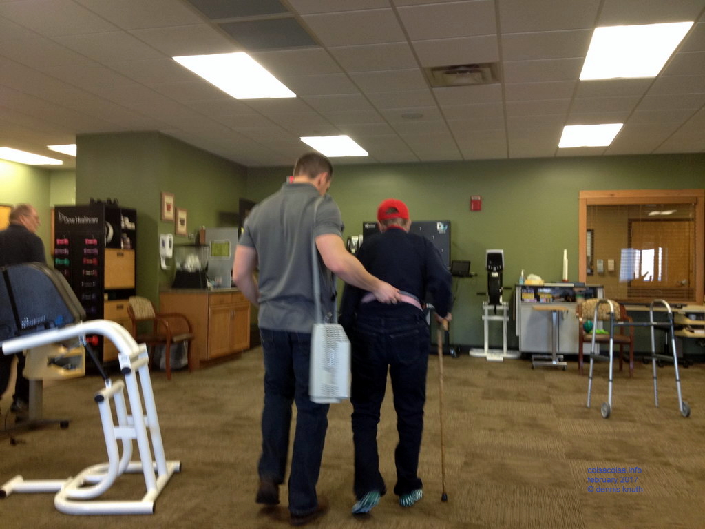 Emogene walking with a portable oxygen tank